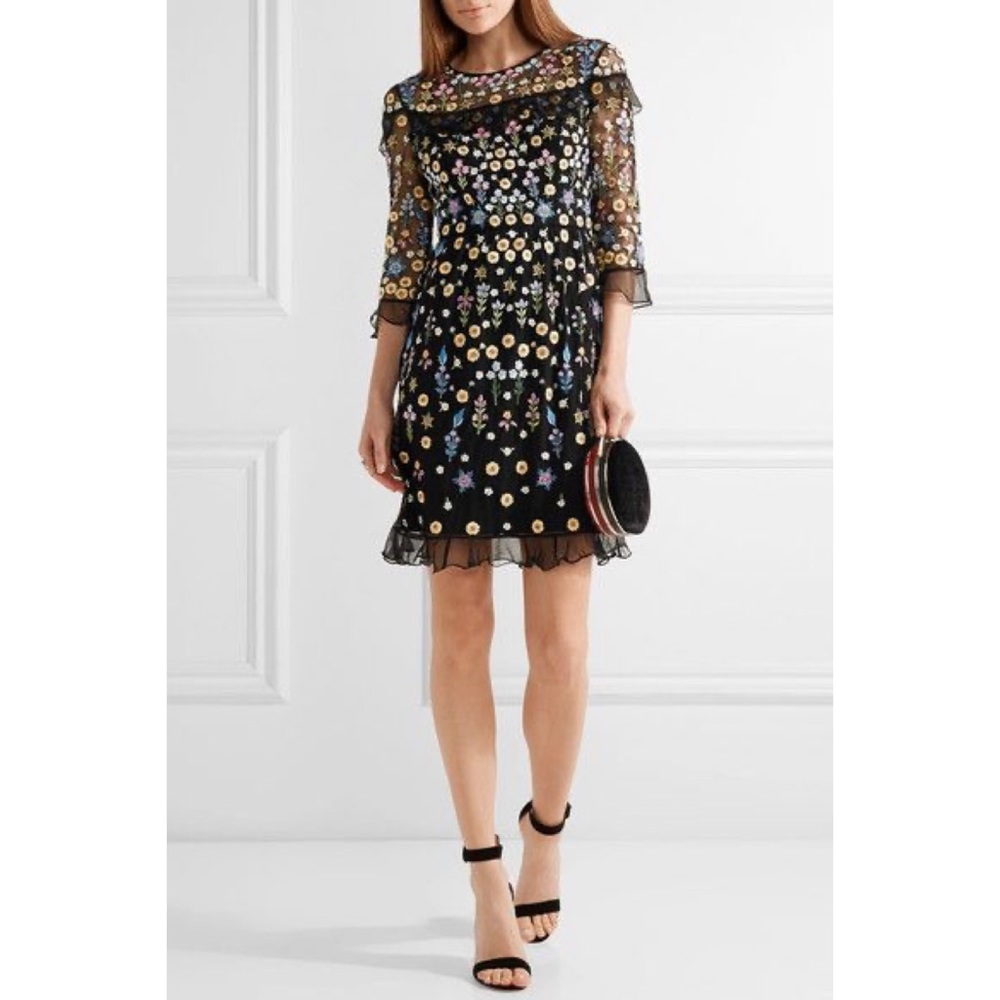 Needle & Thread Flowerbed Ruffle-Trimmed Embroidered Tulle Mini Dress Size US 2
